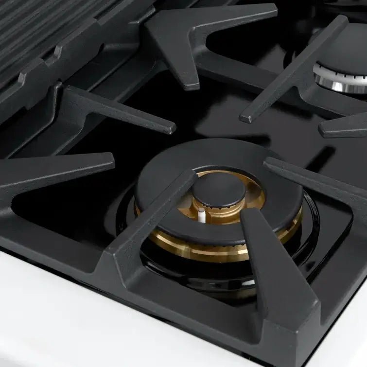 FORNO Espresso Antico 48 Inch 5.5 cu. ft. Dual Fuel Range with 8 Sealed Burners and Griddle in White with Antique Brass Accents, FFSGS6113-48WHT