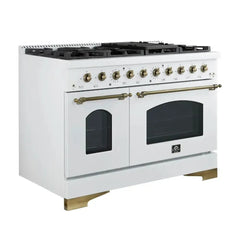 FORNO Espresso Antico 48 Inch 5.5 cu. ft. Gas Range with 8 Sealed Burners and Griddle in White with Antique Brass Accents, FFSGS6219-48WHT