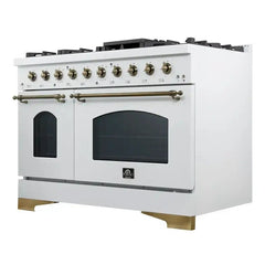 FORNO Espresso Antico 48 Inch 5.5 cu. ft. Dual Fuel Range with 8 Sealed Burners and Griddle in White with Antique Brass Accents, FFSGS6113-48WHT