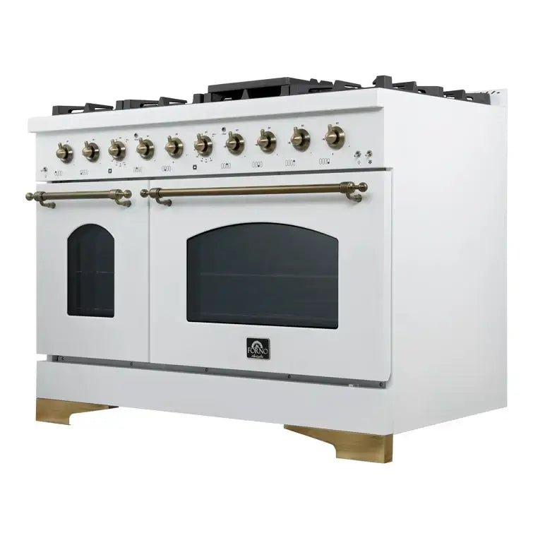 FORNO Espresso Antico 48 Inch 5.5 cu. ft. Gas Range with 8 Sealed Burners and Griddle in White with Antique Brass Accents, FFSGS6219-48WHT