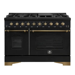 FORNO Espresso Antico 48 Inch 5.5 cu. ft. Gas Range with 8 Sealed Burners and Griddle in Black with Antique Brass Accents, FFSGS6219-48BLK