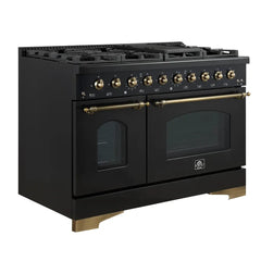 FORNO Espresso Antico 48 Inch 5.5 cu. ft. Gas Range with 8 Sealed Burners and Griddle in Black with Antique Brass Accents, FFSGS6219-48BLK