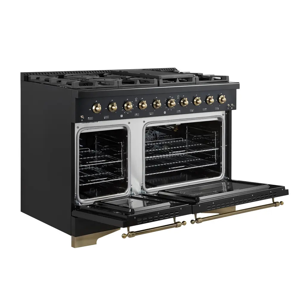 FORNO Espresso Antico 48 Inch 5.5 cu. ft. Gas Range with 8 Sealed Burners and Griddle in Black with Antique Brass Accents, FFSGS6219-48BLK