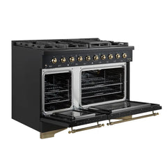 FORNO Espresso Antico 48 Inch 5.5 cu. ft. Gas Range with 8 Sealed Burners and Griddle in Black with Antique Brass Accents, FFSGS6219-48BLK