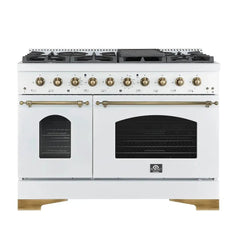 FORNO Espresso Antico 48 Inch 5.5 cu. ft. Dual Fuel Range with 8 Sealed Burners and Griddle in White with Antique Brass Accents, FFSGS6113-48WHT
