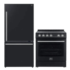 FORNO Appliance Package 2-Piece - 30" Electric Range, 31" Black Bottom Freezer Refrigerator in Black, FBDL-003-02US