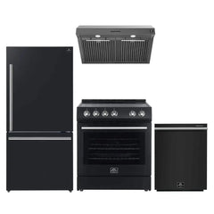 FORNO Appliance Package 4-Piece - Leonardo Espresso 30" Electric Black Range, 30" Black Range Hood, 31" Black Bottom Freezer Refrigerator, 24" Black Built-In Dishwasher - FBDL-006-02US
