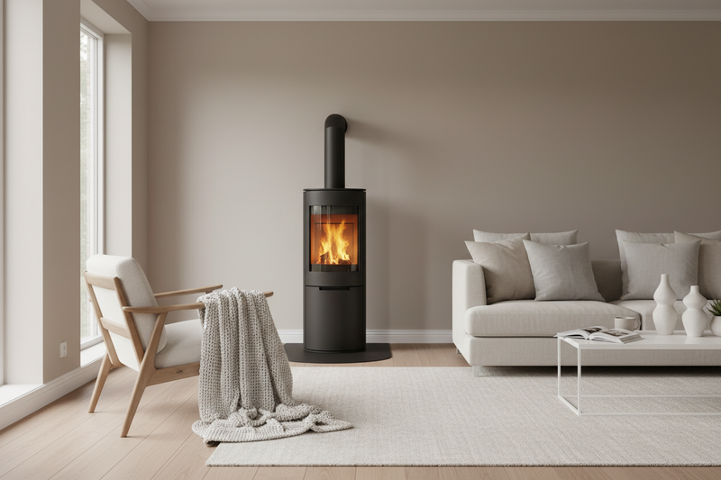 A cozy minimalist living room with a modern fireplace or freestanding heating stove as the focal point. Neutral palette, soft textiles, subtle décor, warm ambient glow, clean architectural lines. Calming, personal, lived-in atmosphere. Photorealistic, magazine-style interior shot.