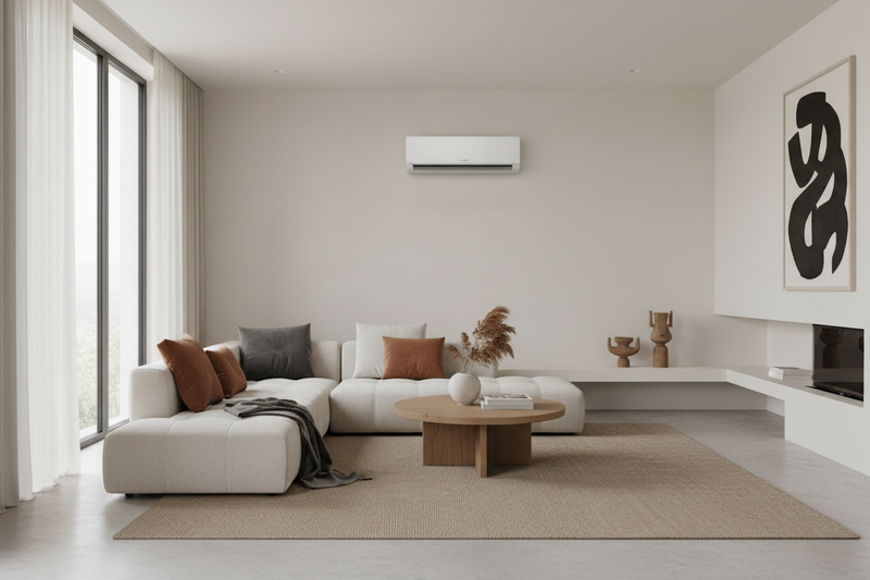 A minimalist modern living room with soft natural light, neutral colors, and warm textures. A sleek, wall-mounted mini split air conditioner blends seamlessly into the design. Calm, welcoming atmosphere, clean lines, airy space, Scandinavian-inspired styling, high-end interior photography.