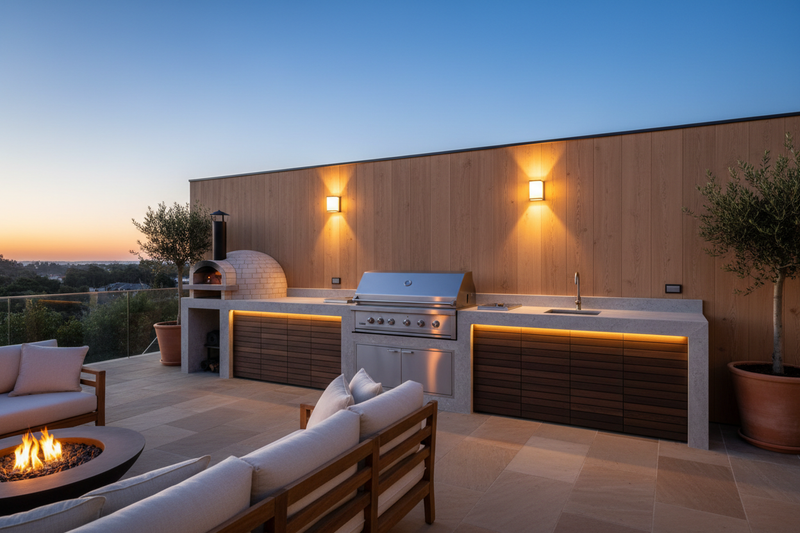 A modern outdoor patio kitchen featuring a premium stainless-steel BBQ grill and a compact outdoor pizza oven. Minimalist layout, clean stone countertops, soft ambient outdoor lighting, natural materials, inviting yet uncluttered aesthetic. Photorealistic, high-end outdoor lifestyle image.