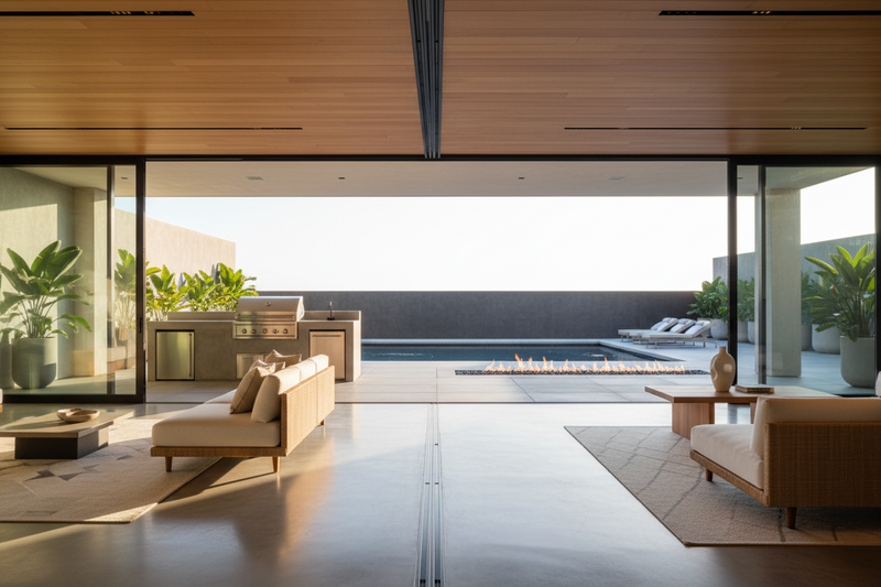 A serene indoor–outdoor living space with large open doors leading to a modern patio. Minimal furniture, warm natural light, subtle fire feature or outdoor grill visible in the background. Clean, harmonious design blending indoor comfort with outdoor lifestyle. Luxury, minimal, photorealistic.