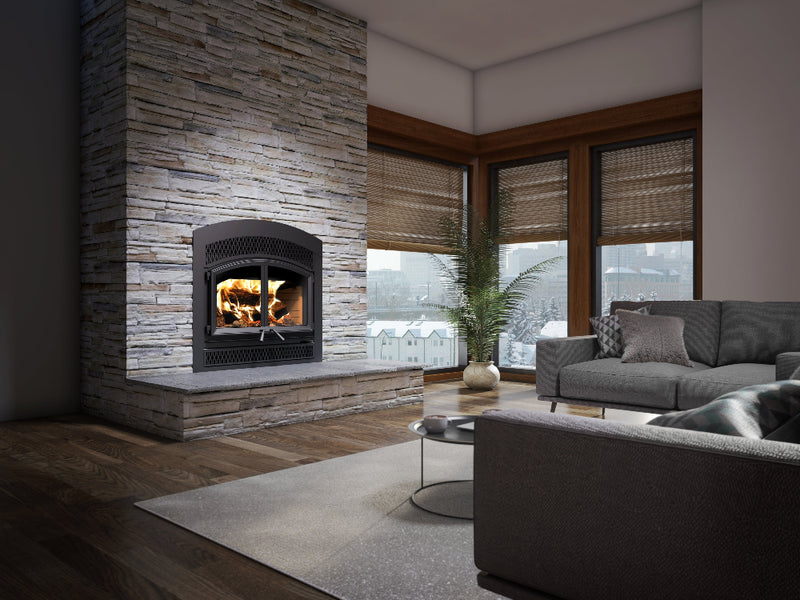 Valcourt Waterloo Arched Faceplate Wood-Burning Fireplace Package Indoor FP15A + AC02360 + VA15FA06 + VA15L Series