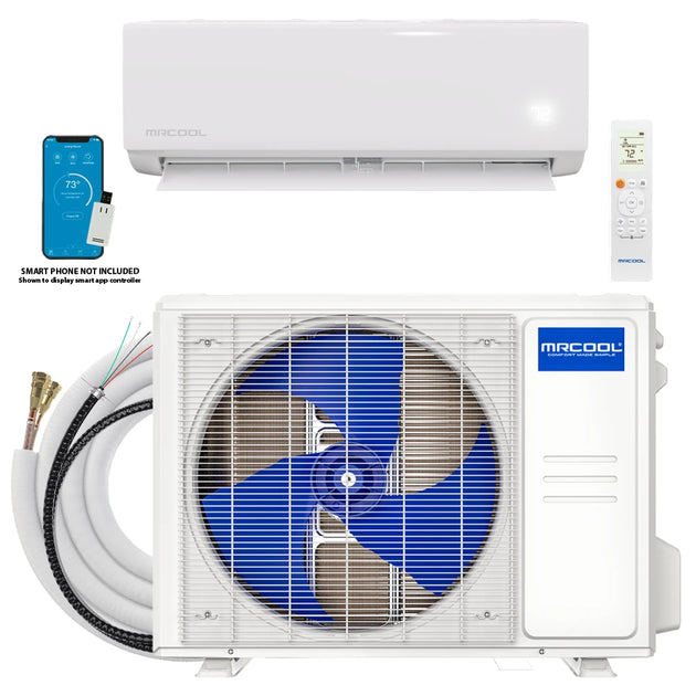 MrCool air conditioner with accessories on a white background
